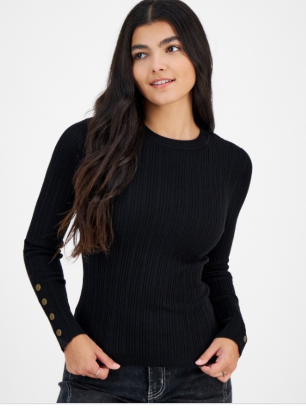 Hooked up by Iot Juniors' Snap-Cuff Ribbed Crewneck Sweater - Black SIZE XS NWT